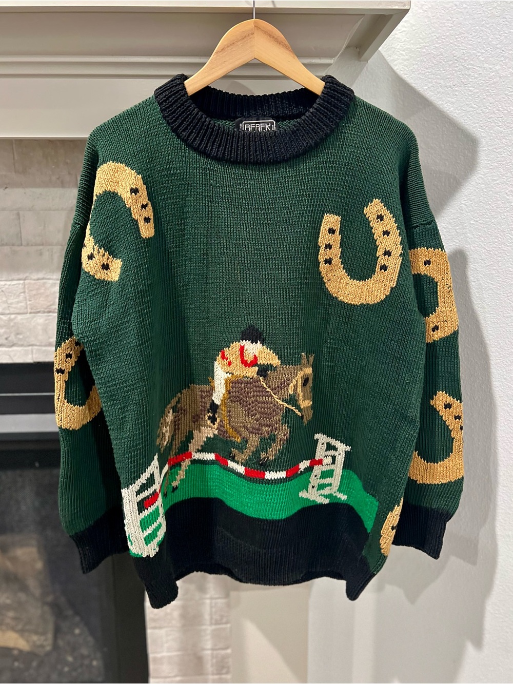 Vintage 1998 Berek Marta D Hand Knit Horse Equestrian Sweater Green Size L